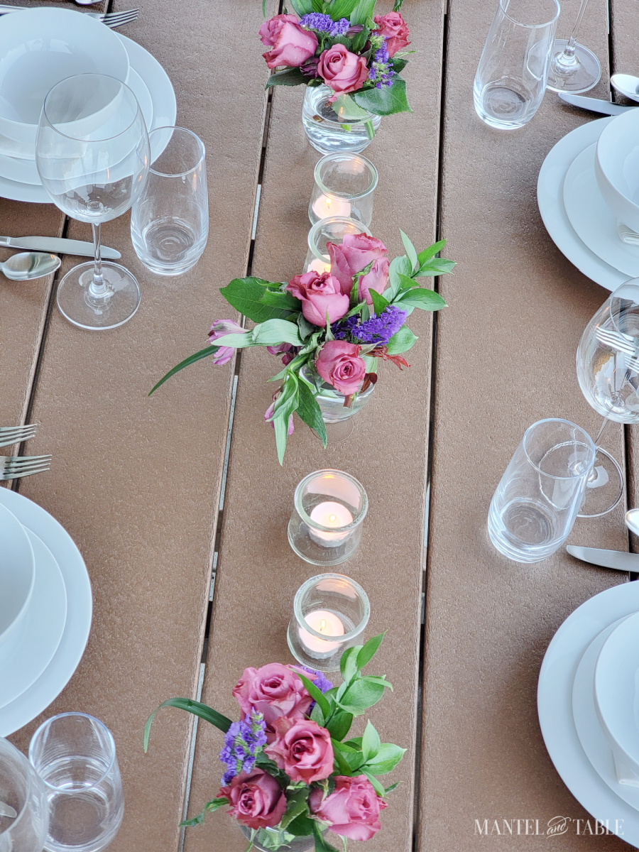 Sunset tablescape from above, candles and flowers