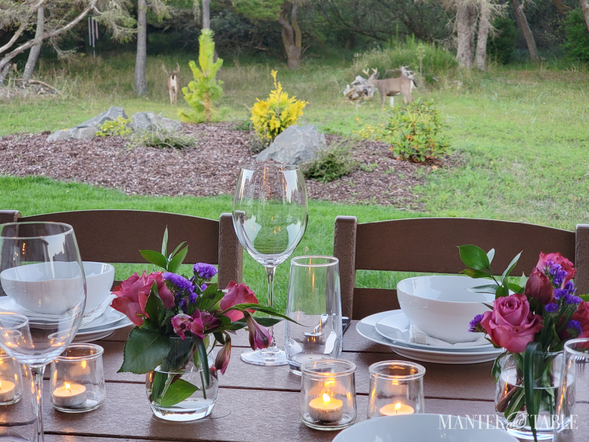 Sunset tablescape on the patio with deer in the yard